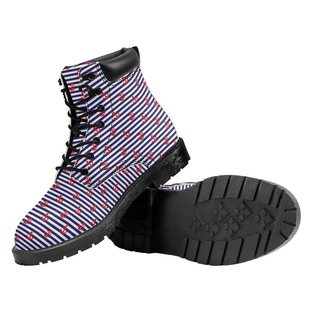 Blue Striped Nautical Anchor Print Work Boots