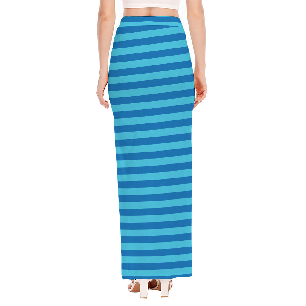 Blue Striped Pattern Print High Slit Maxi Skirt