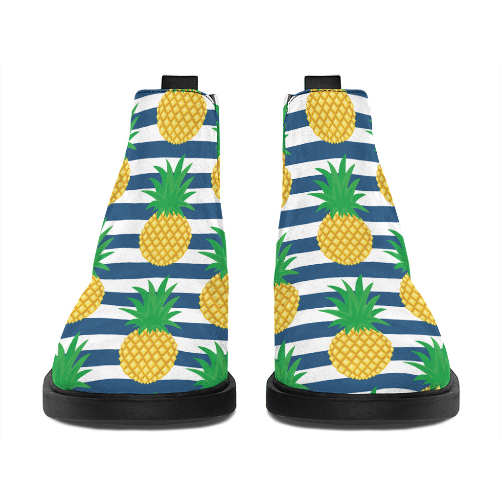 Blue Striped Pineapple Pattern Print Flat Ankle Boots