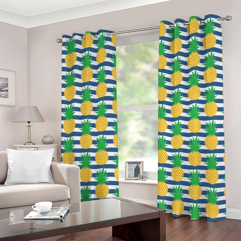 Blue Striped Pineapple Pattern Print Grommet Curtains