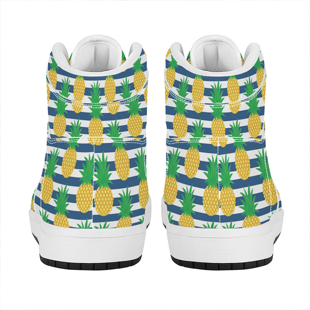 Blue Striped Pineapple Pattern Print High Top Leather Sneakers