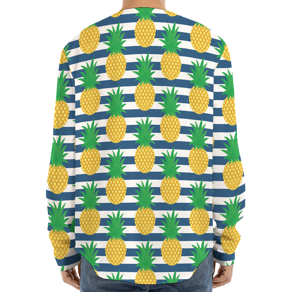 Blue Striped Pineapple Pattern Print Long Sleeve Baseball Jersey