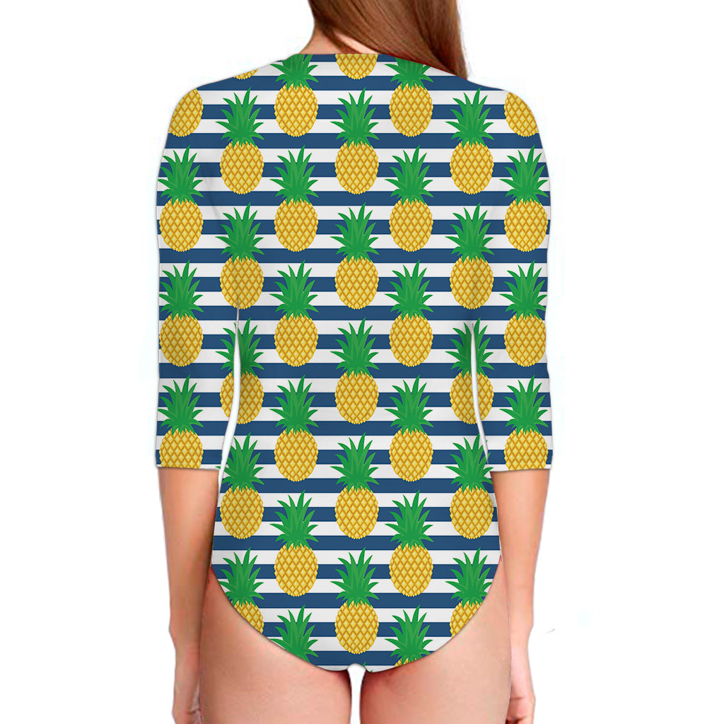 Blue Striped Pineapple Pattern Print Long Sleeve Swimsuit