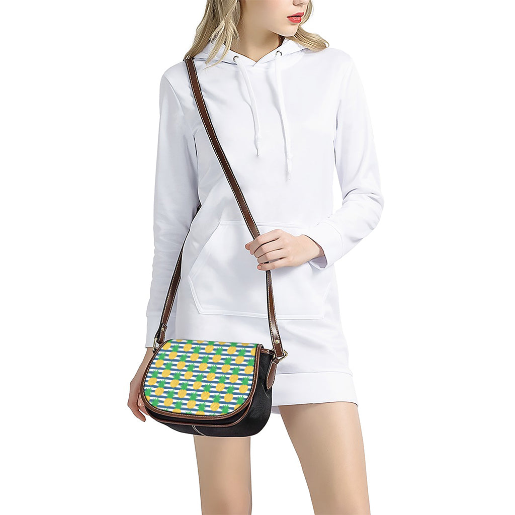 Blue Striped Pineapple Pattern Print Saddle Bag