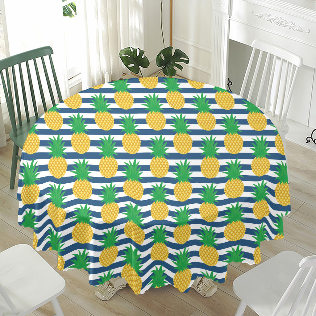 Blue Striped Pineapple Pattern Print Waterproof Round Tablecloth