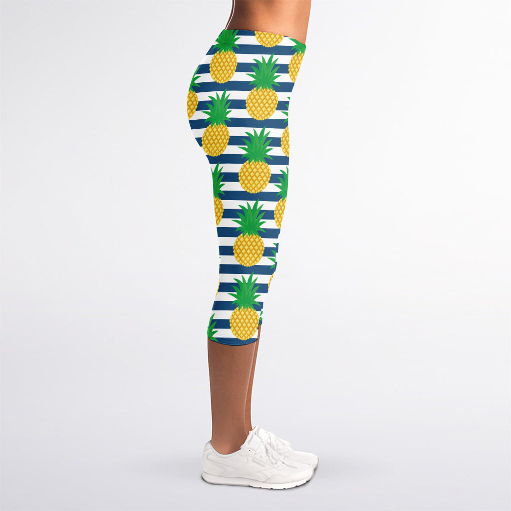 Blue Striped Pineapple Pattern Print Women's Capri Leggings