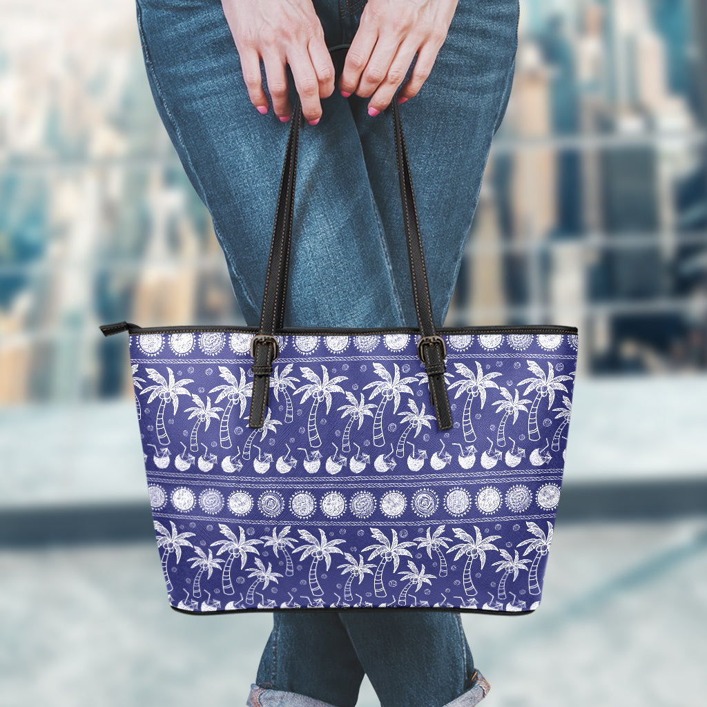 Blue Summer Coconut Pattern Print Leather Tote Bag