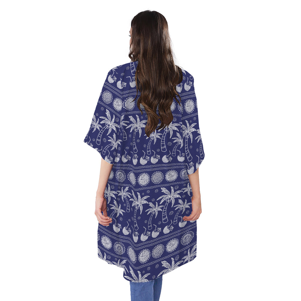 Blue Summer Coconut Pattern Print Open Front Beach Cover Up