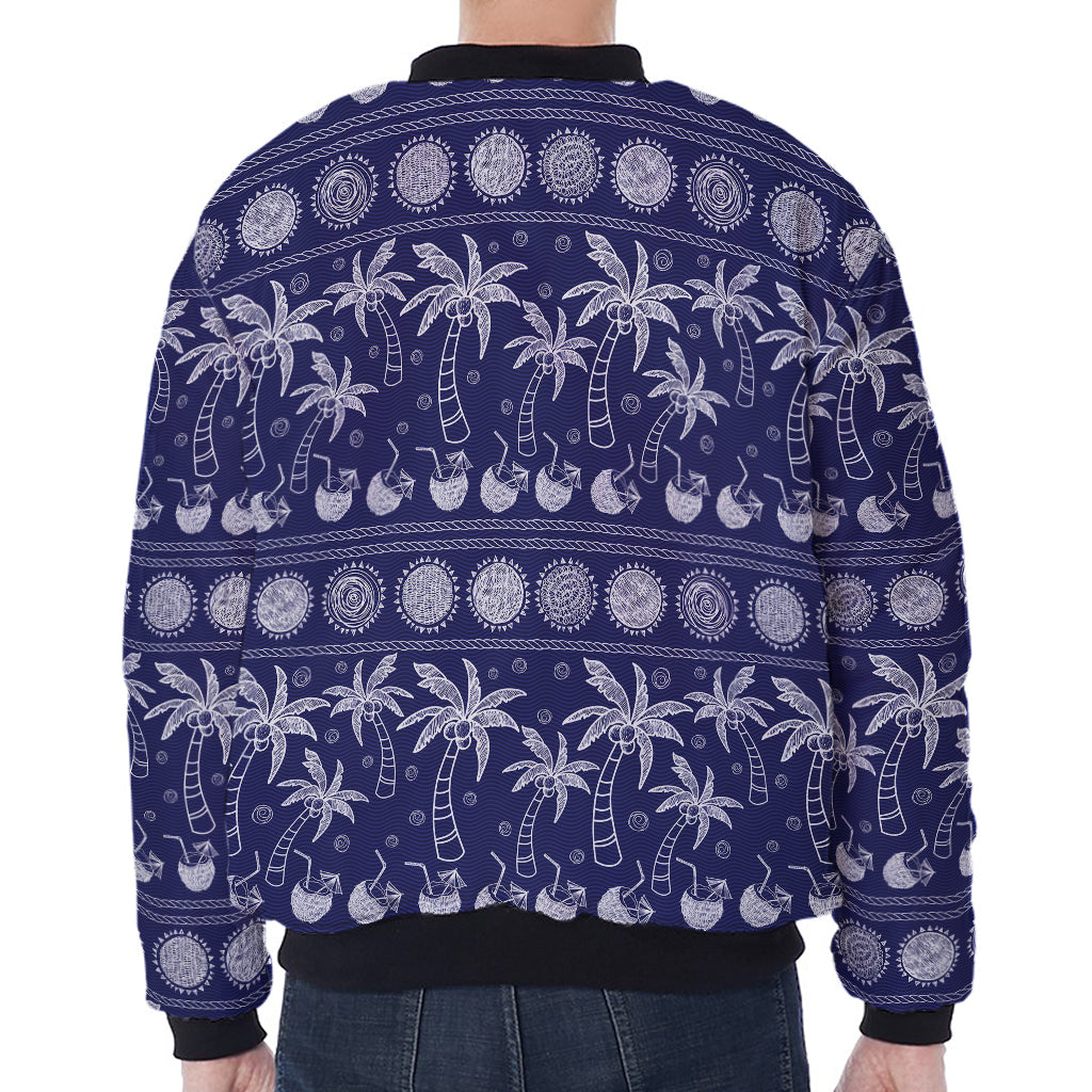 Blue Summer Coconut Pattern Print Zip Sleeve Bomber Jacket