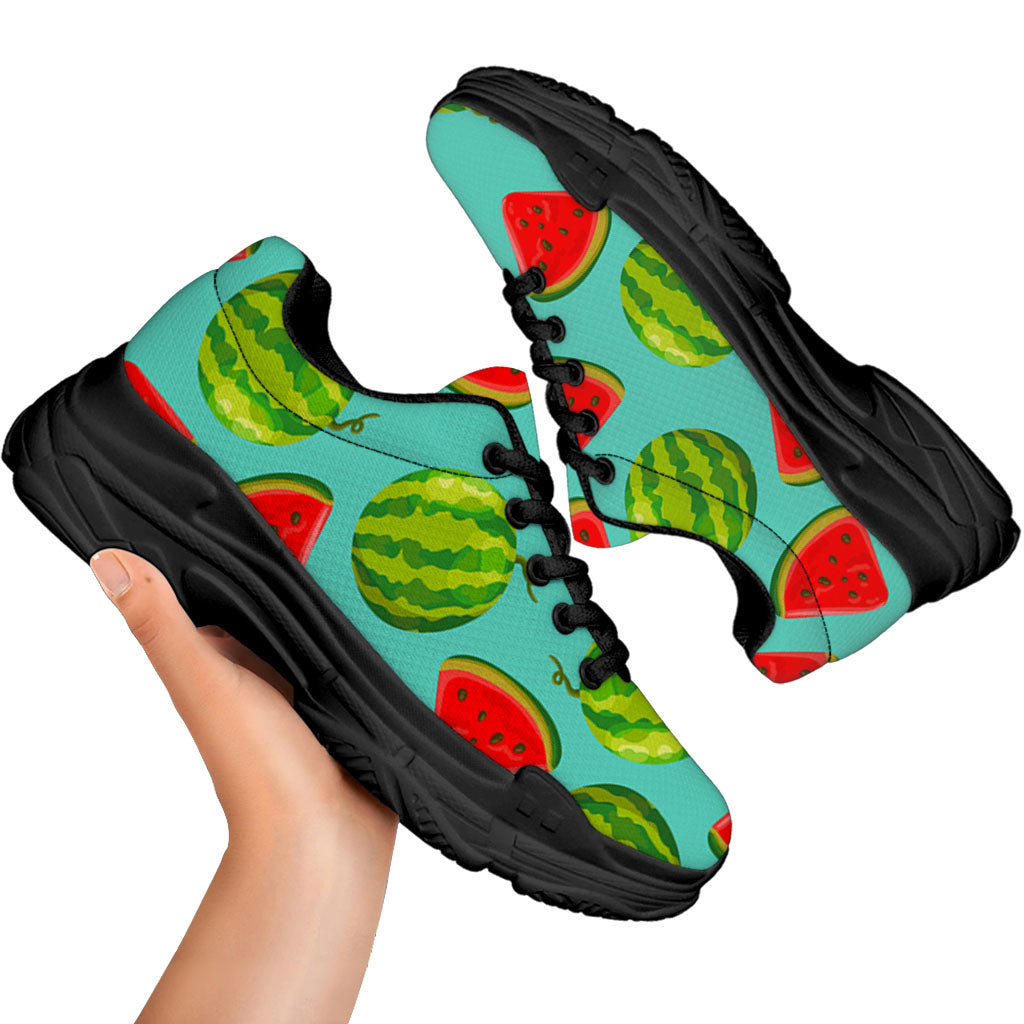 Blue Summer Watermelon Pattern Print Black Chunky Shoes