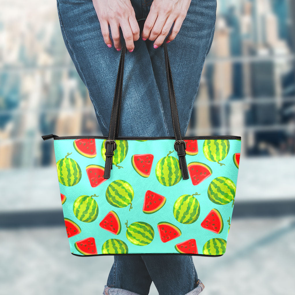 Blue Summer Watermelon Pattern Print Leather Tote Bag