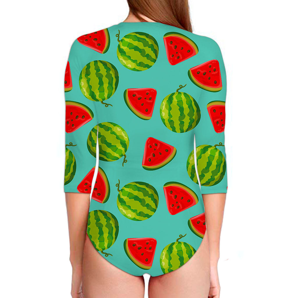 Blue Summer Watermelon Pattern Print Long Sleeve Swimsuit