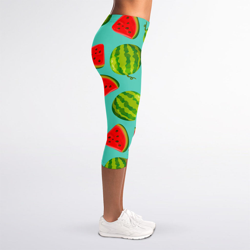 Blue Summer Watermelon Pattern Print Women's Capri Leggings