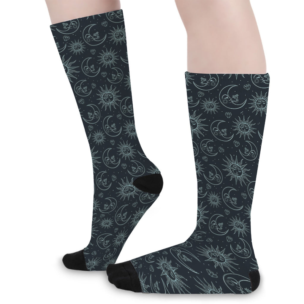 Blue Sun And Moon Pattern Print Long Socks