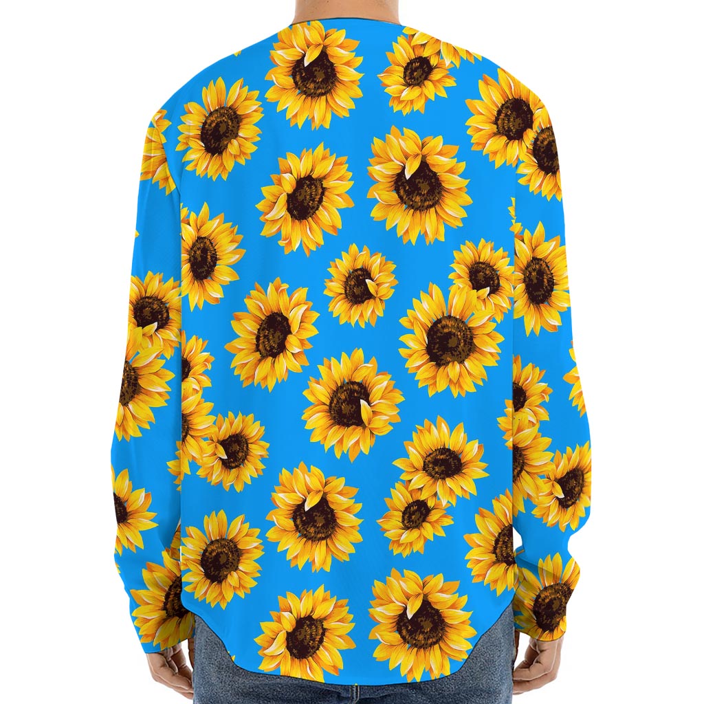 Blue Sunflower Pattern Print Long Sleeve Baseball Jersey
