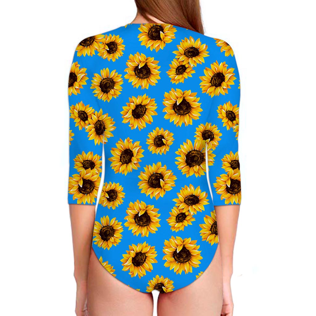 Blue Sunflower Pattern Print Long Sleeve Swimsuit