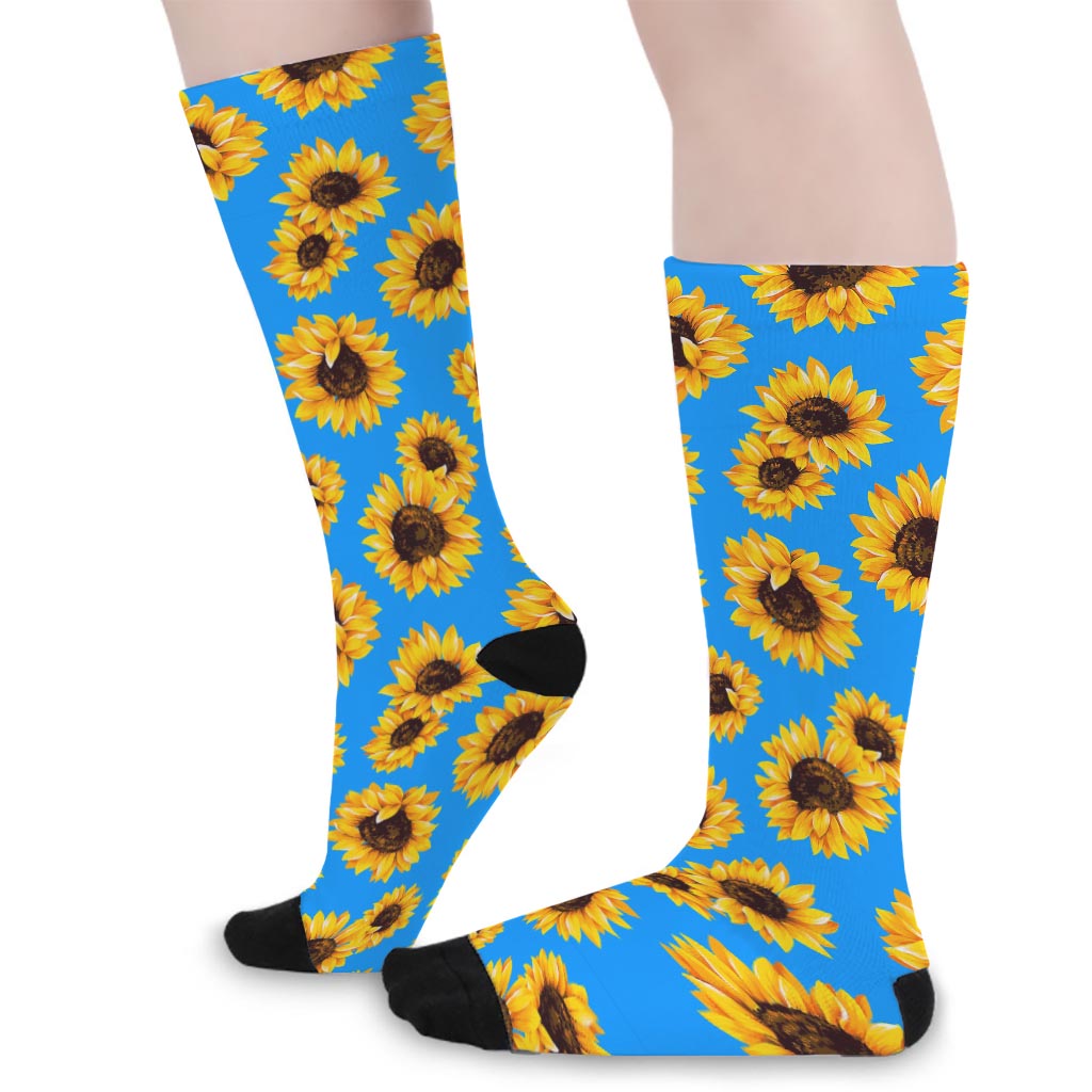 Blue Sunflower Pattern Print Long Socks