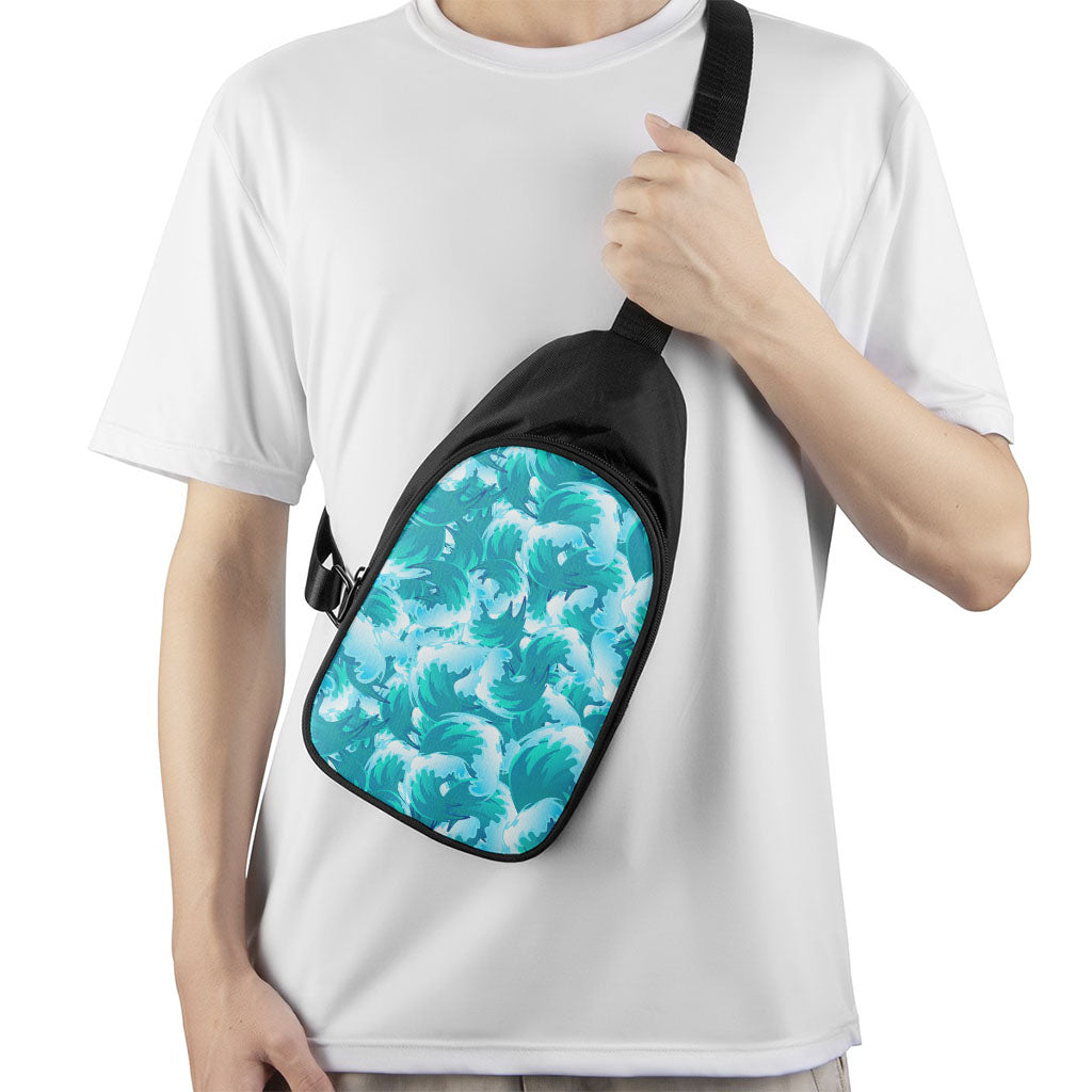 Blue Surfing Wave Pattern Print Chest Bag