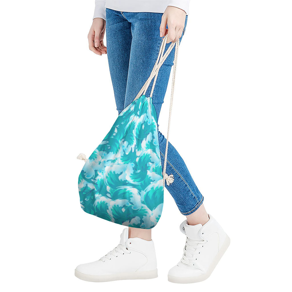 Blue Surfing Wave Pattern Print Drawstring Bag
