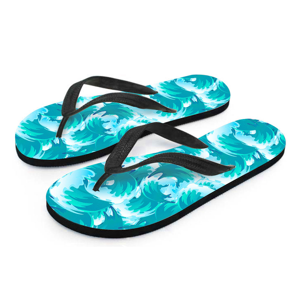 Blue Surfing Wave Pattern Print Flip Flops