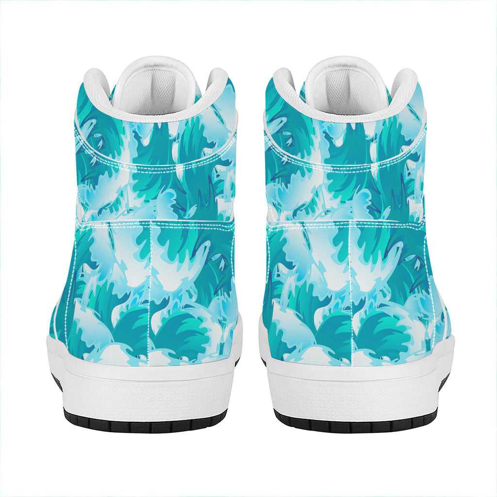 Blue Surfing Wave Pattern Print High Top Leather Sneakers
