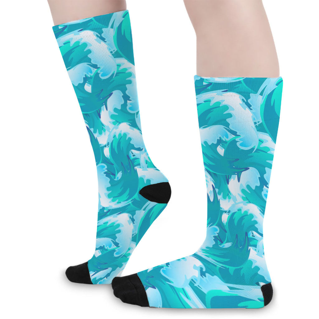 Blue Surfing Wave Pattern Print Long Socks