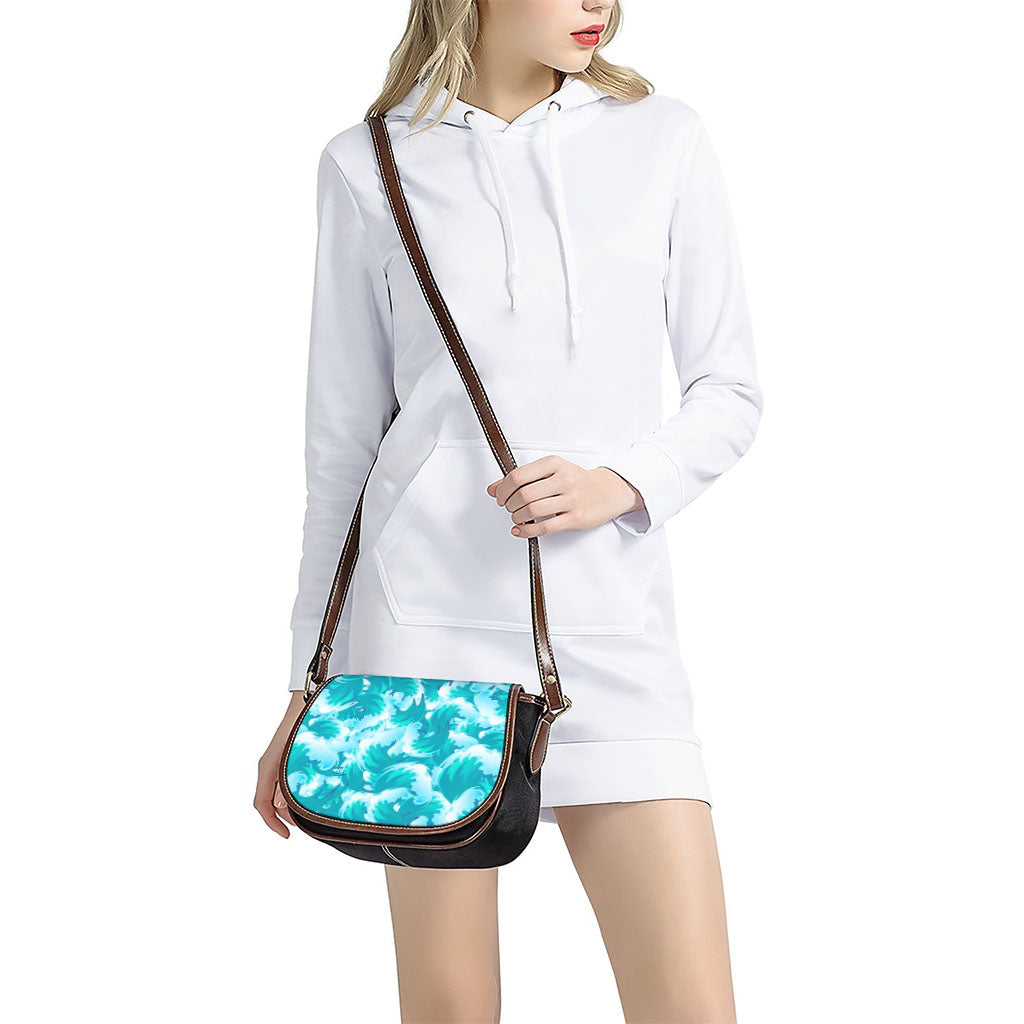 Blue Surfing Wave Pattern Print Saddle Bag