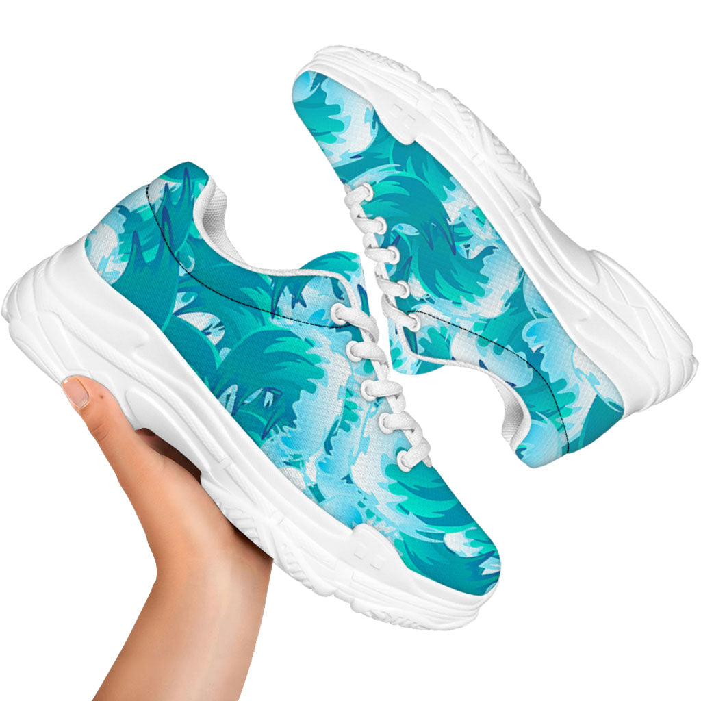 Blue Surfing Wave Pattern Print White Chunky Shoes