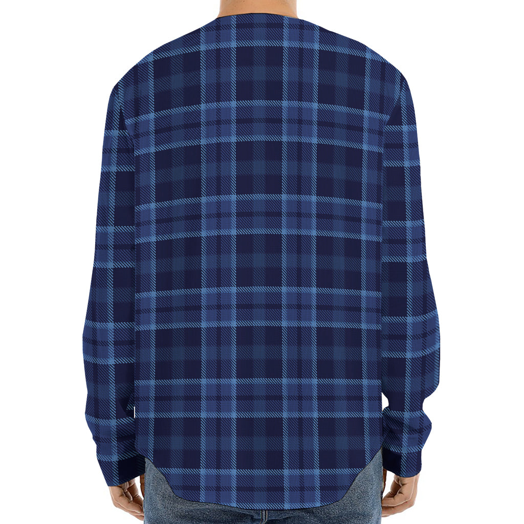 Blue Tartan Pattern Print Long Sleeve Baseball Jersey