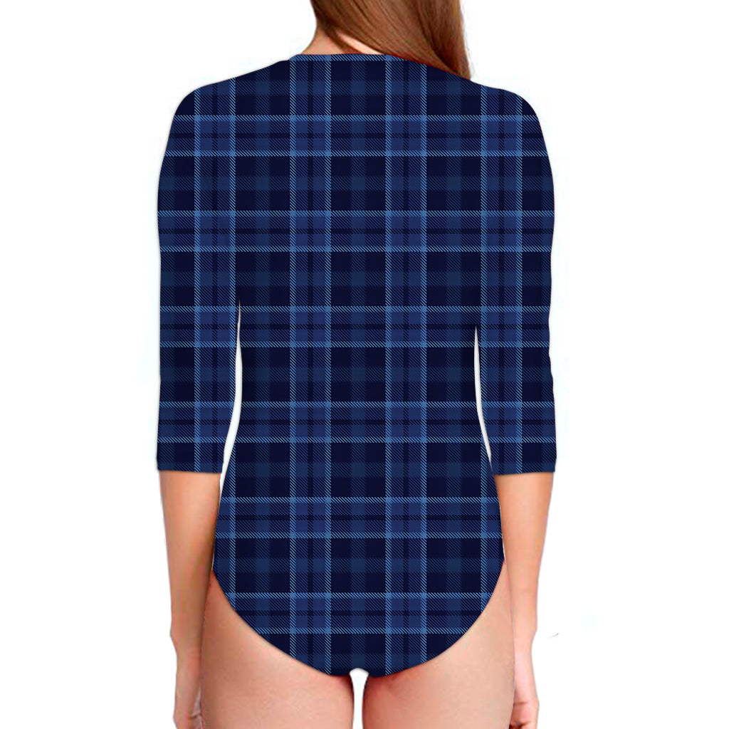 Blue Tartan Pattern Print Long Sleeve Swimsuit