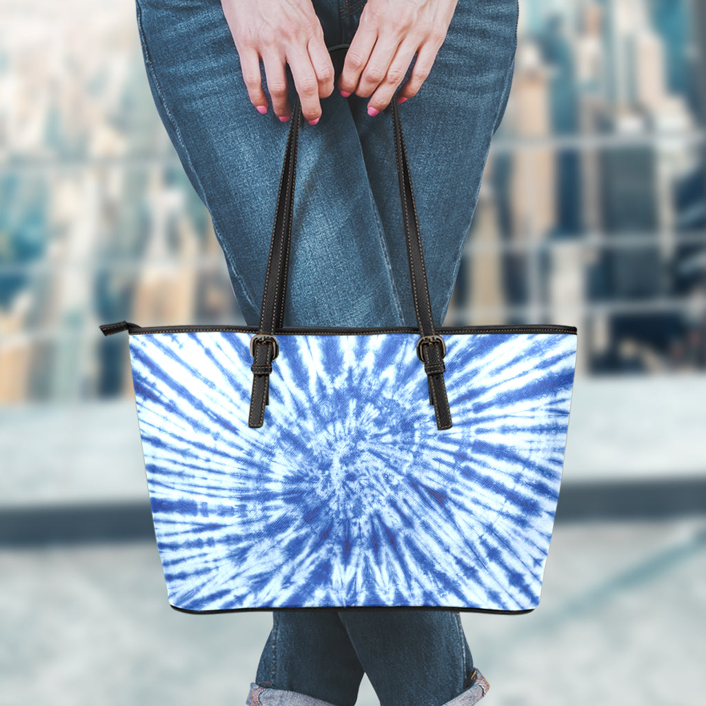 Blue Tie Dye Print Leather Tote Bag