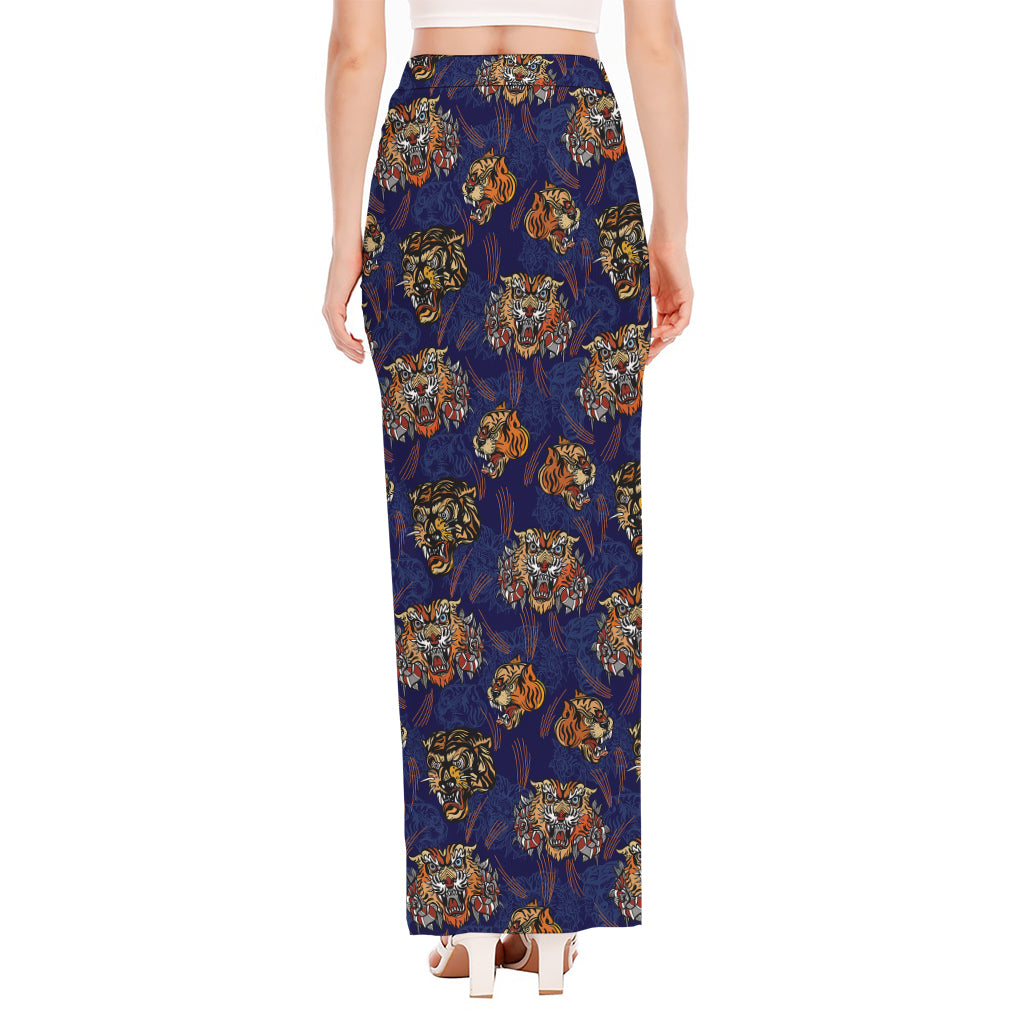 Blue Tiger Tattoo Pattern Print High Slit Maxi Skirt