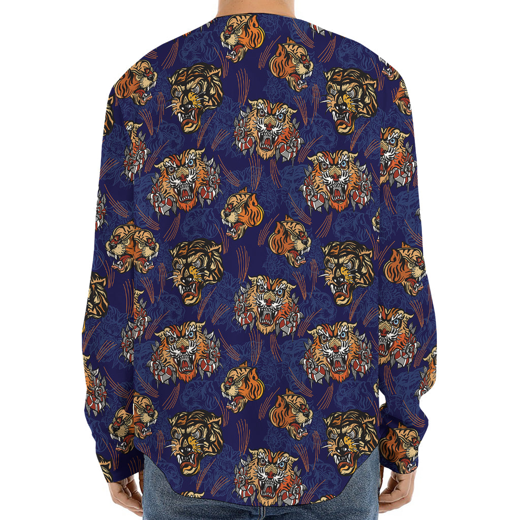Blue Tiger Tattoo Pattern Print Long Sleeve Baseball Jersey