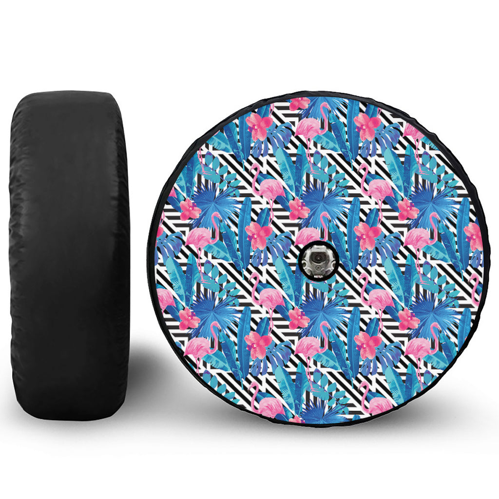 Blue Tropical And Pink Flamingo Print Tire Cover With Camera Hole