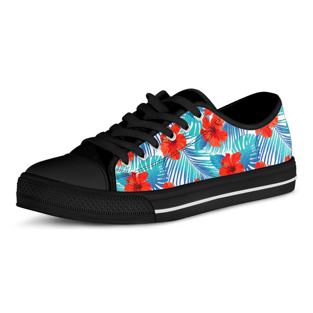 Blue Tropical Hibiscus Pattern Print Black Low Top Sneakers