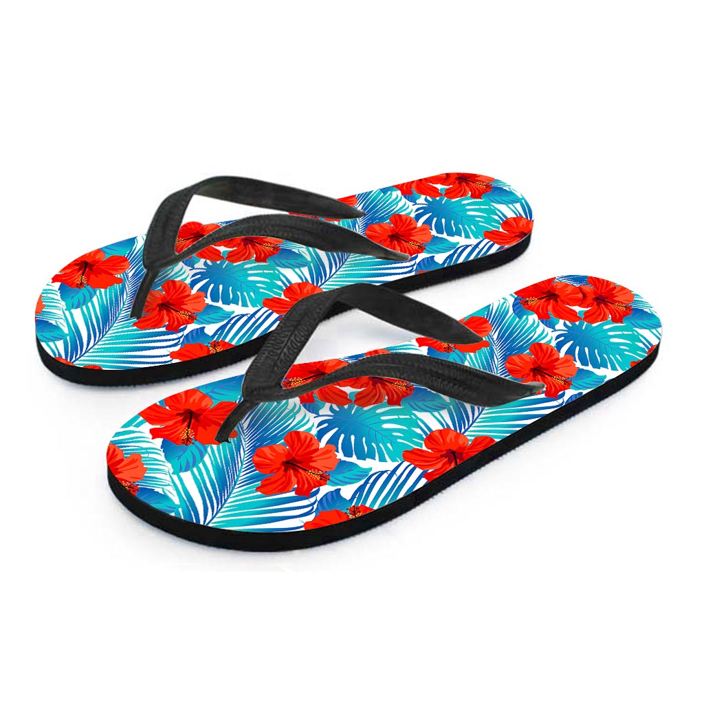 Blue Tropical Hibiscus Pattern Print Flip Flops