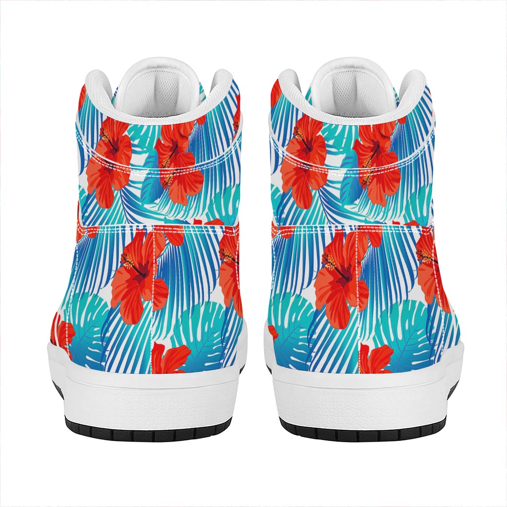 Blue Tropical Hibiscus Pattern Print High Top Leather Sneakers