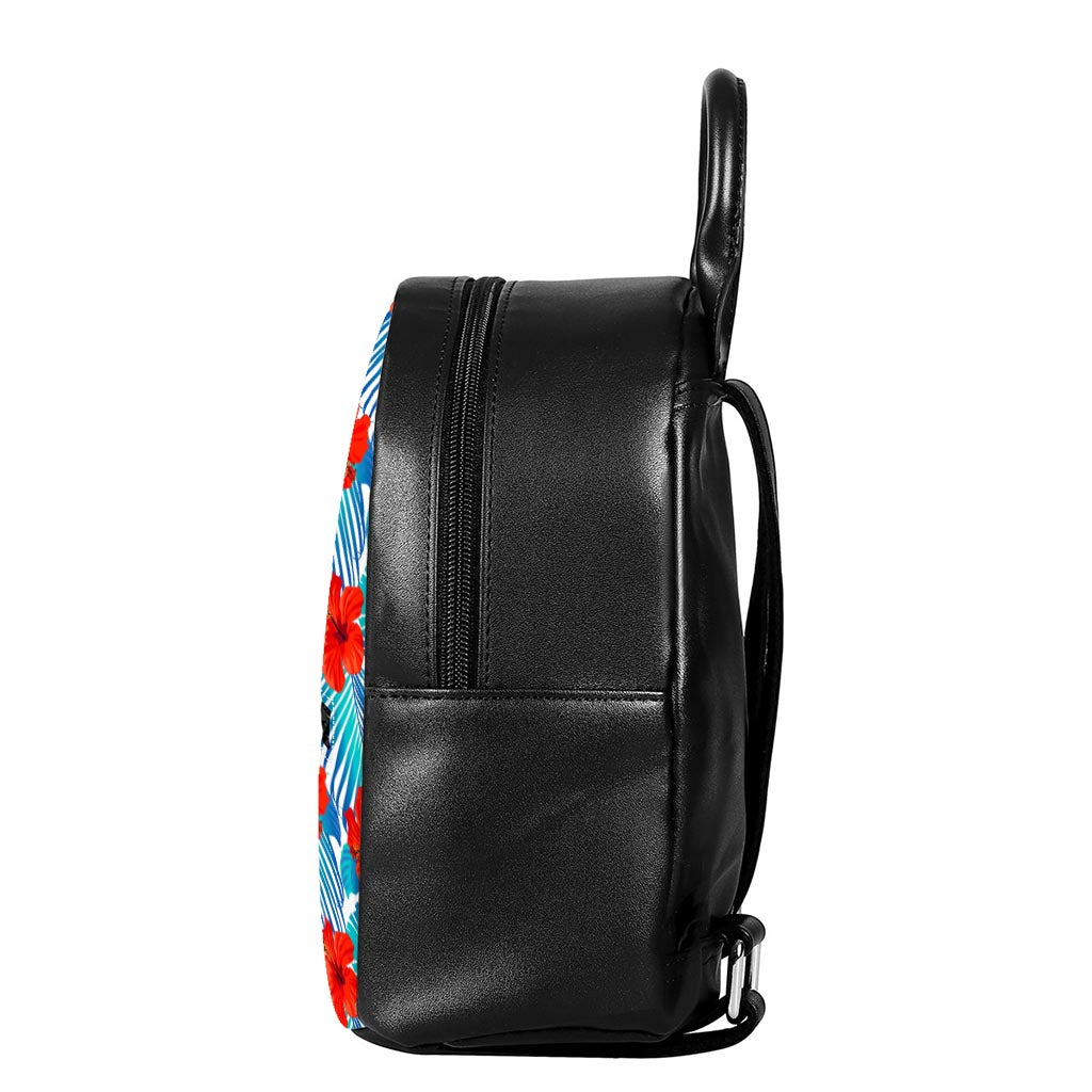 Blue Tropical Hibiscus Pattern Print Leather Backpack
