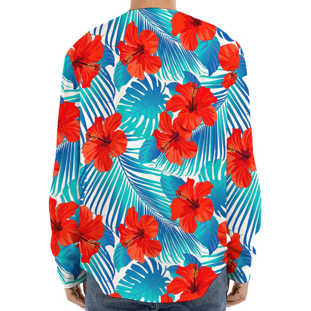 Blue Tropical Hibiscus Pattern Print Long Sleeve Baseball Jersey
