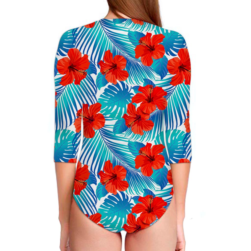 Blue Tropical Hibiscus Pattern Print Long Sleeve Swimsuit
