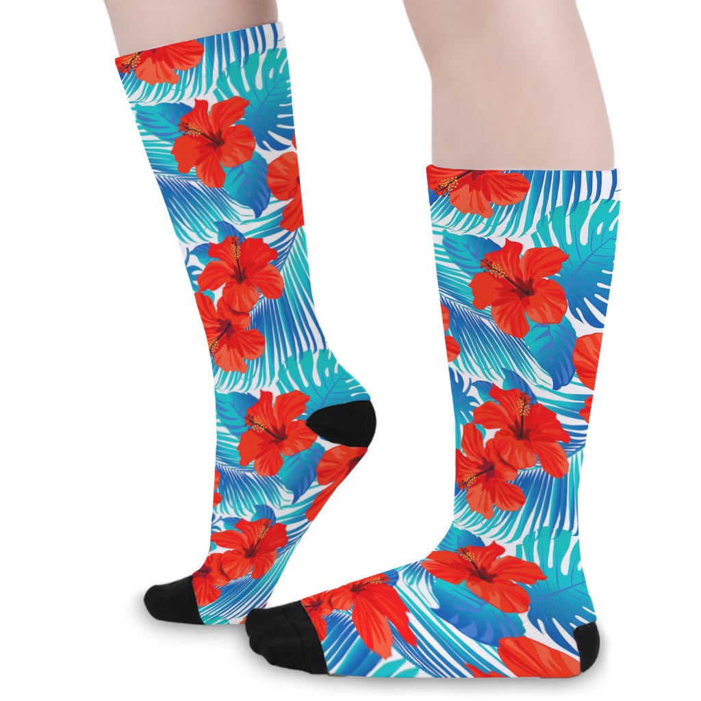 Blue Tropical Hibiscus Pattern Print Long Socks
