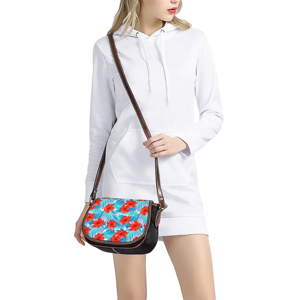 Blue Tropical Hibiscus Pattern Print Saddle Bag