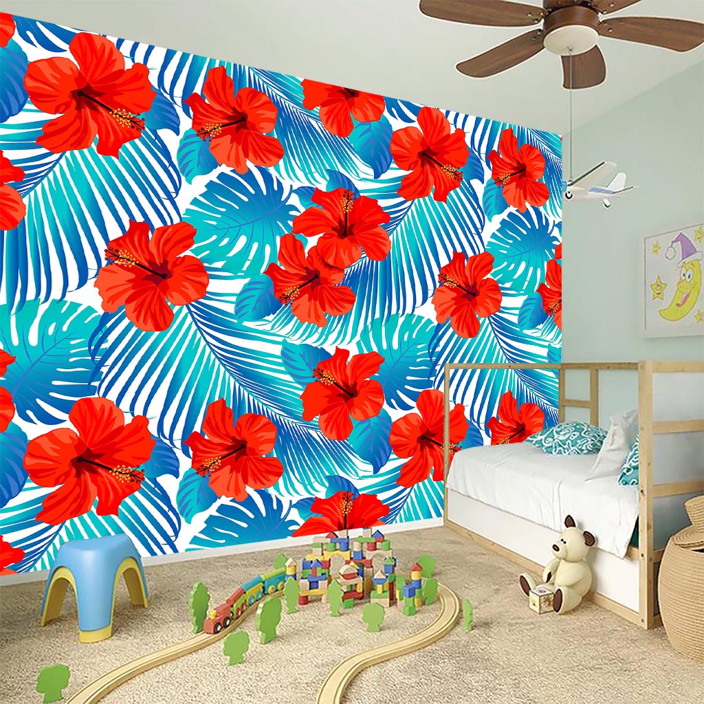 Blue Tropical Hibiscus Pattern Print Wall Sticker