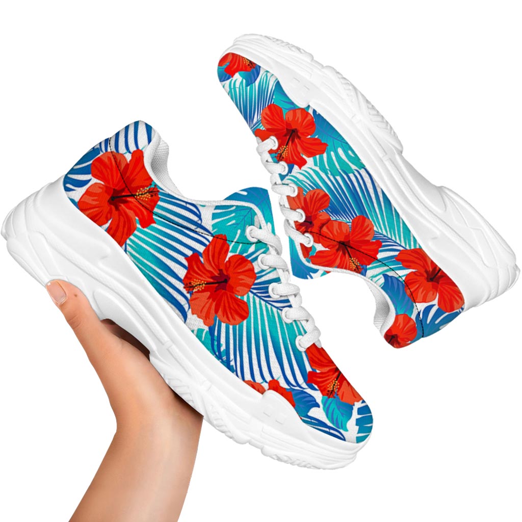Blue Tropical Hibiscus Pattern Print White Chunky Shoes