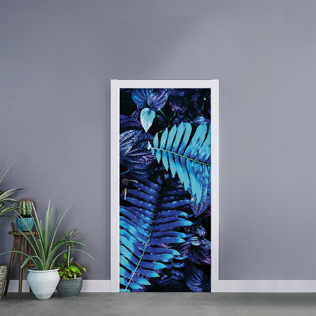 Blue Tropical Leaves Print Door Sticker