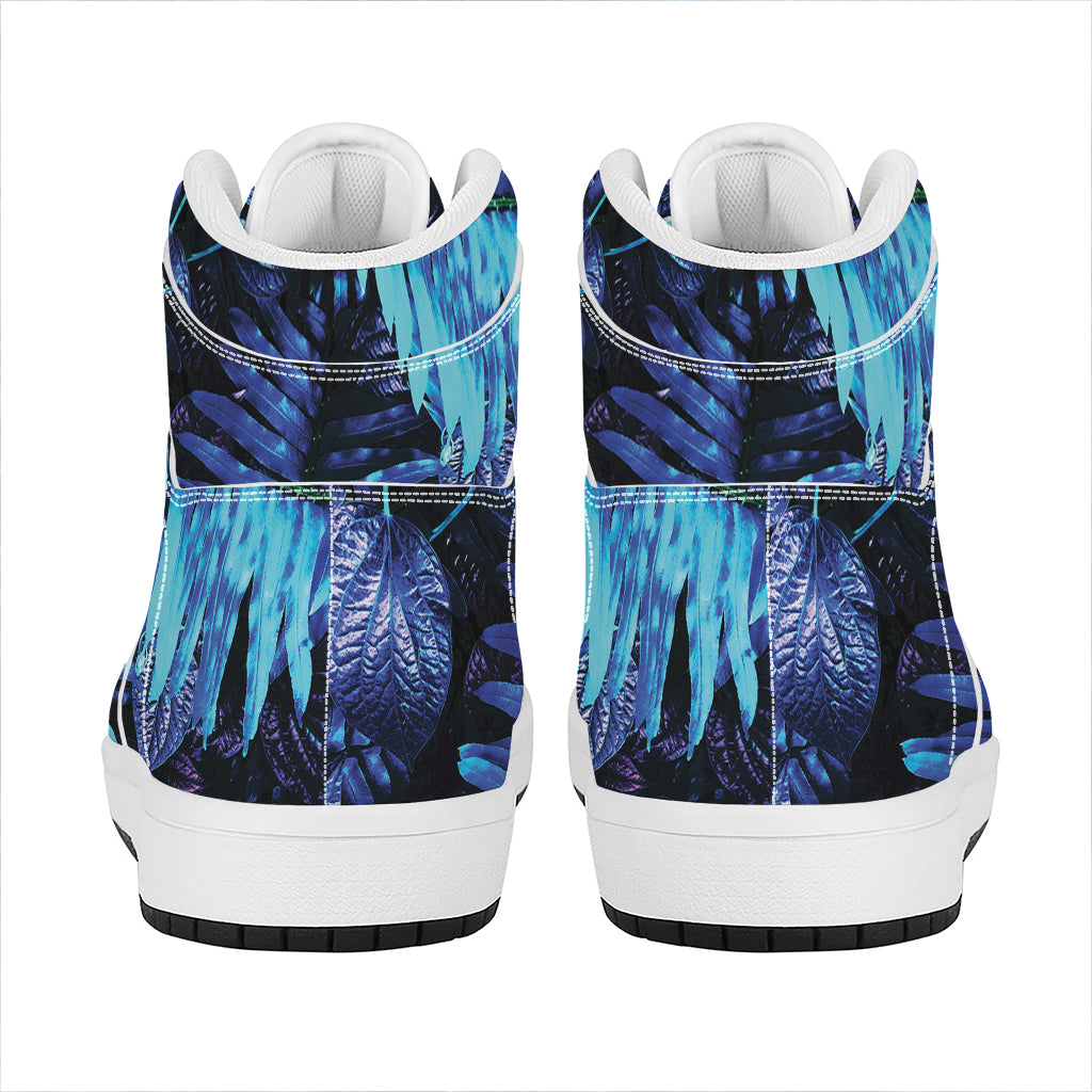 Blue Tropical Leaves Print High Top Leather Sneakers