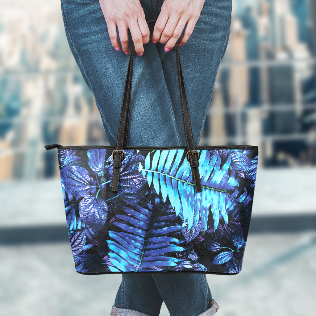 Blue Tropical Leaves Print Leather Tote Bag
