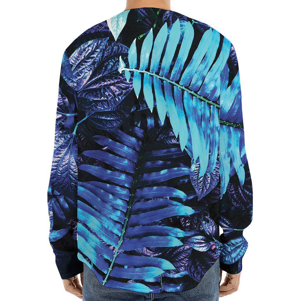 Blue Tropical Leaves Print Long Sleeve Baseball Jersey