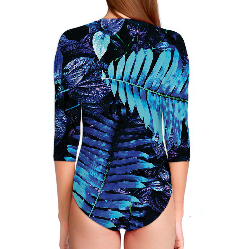 Blue Tropical Leaves Print Long Sleeve Swimsuit