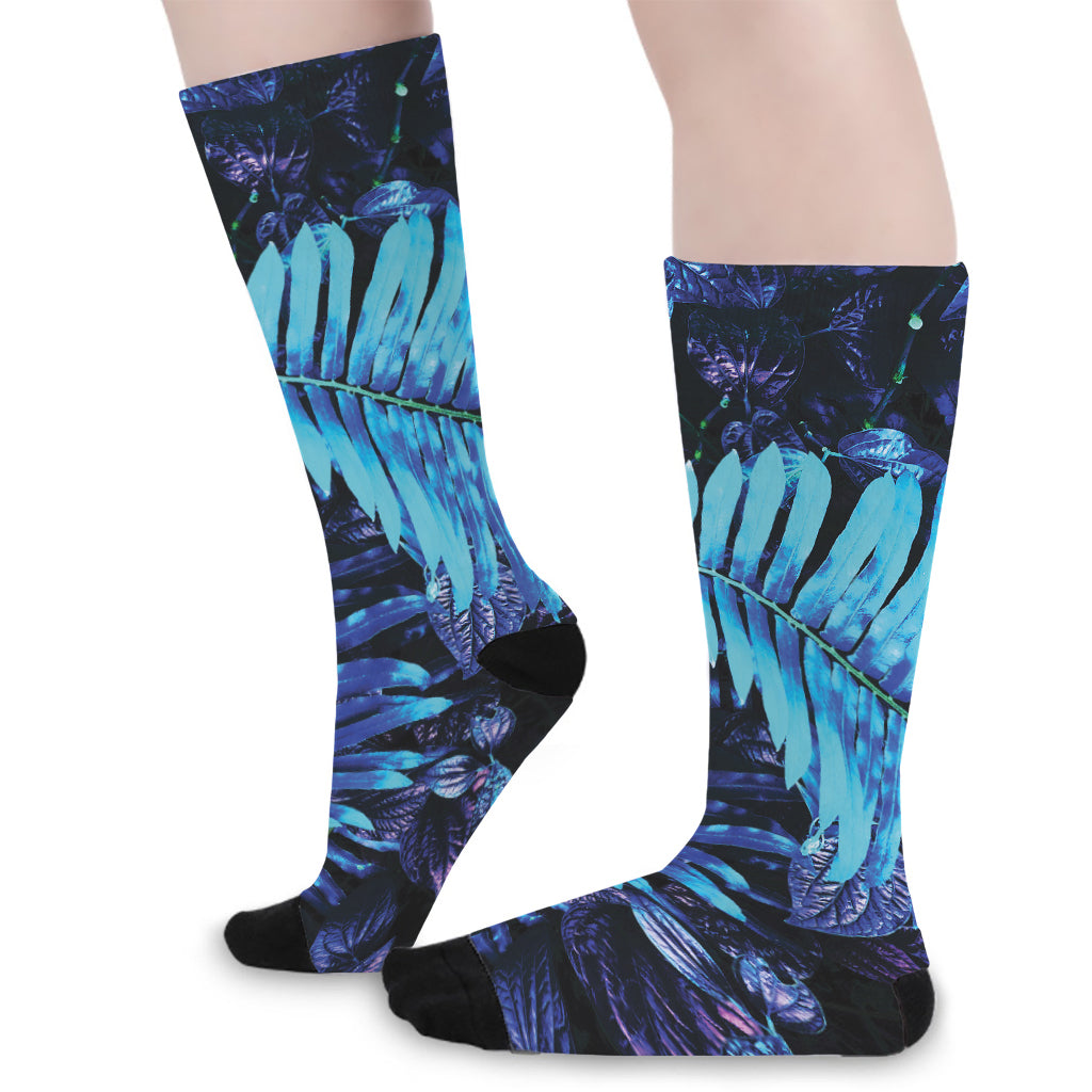 Blue Tropical Leaves Print Long Socks
